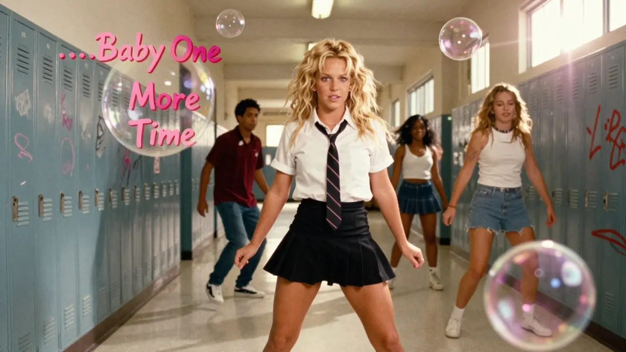 Britney Spears dancing in a schoolgirl outfit in a 90s hallway, backup dancers behind her.