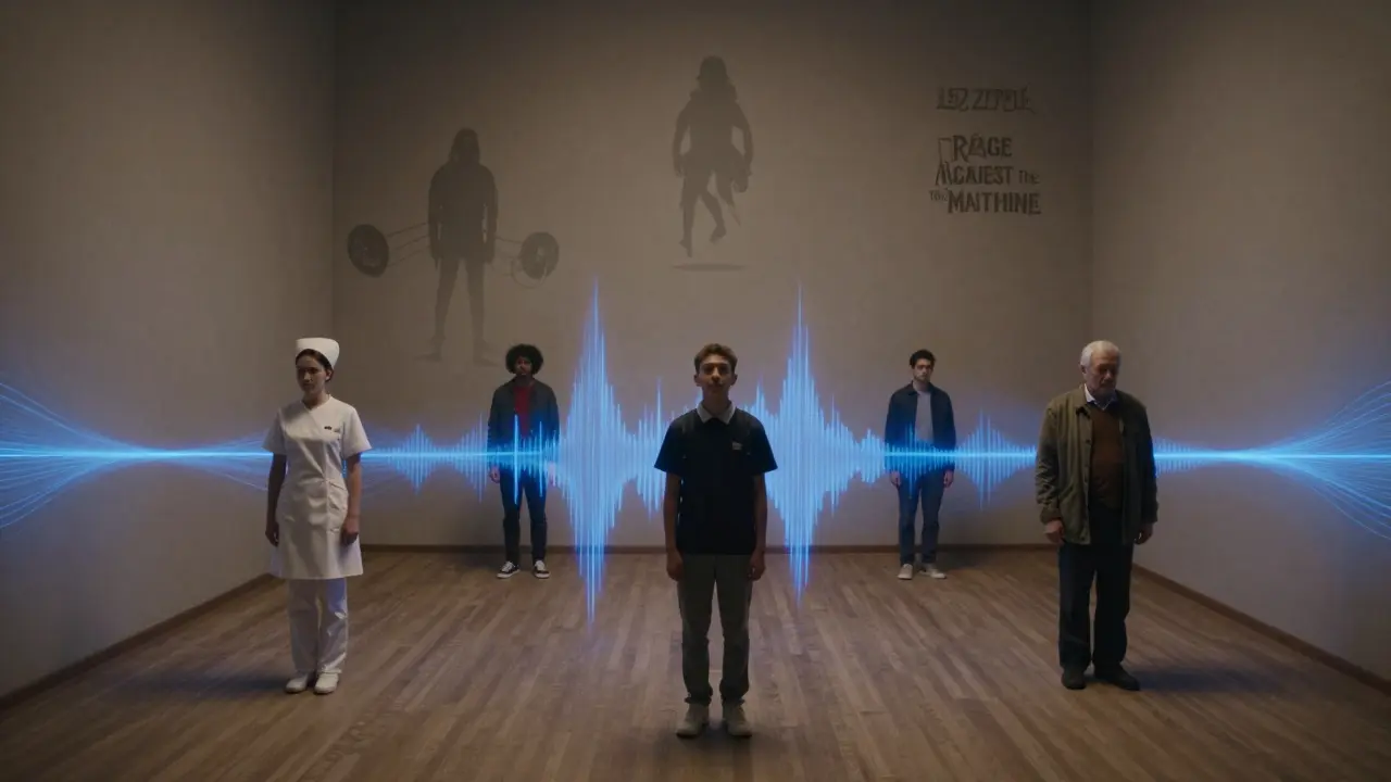 Diverse individuals connected by vibrating basslines that ripple through their homes.