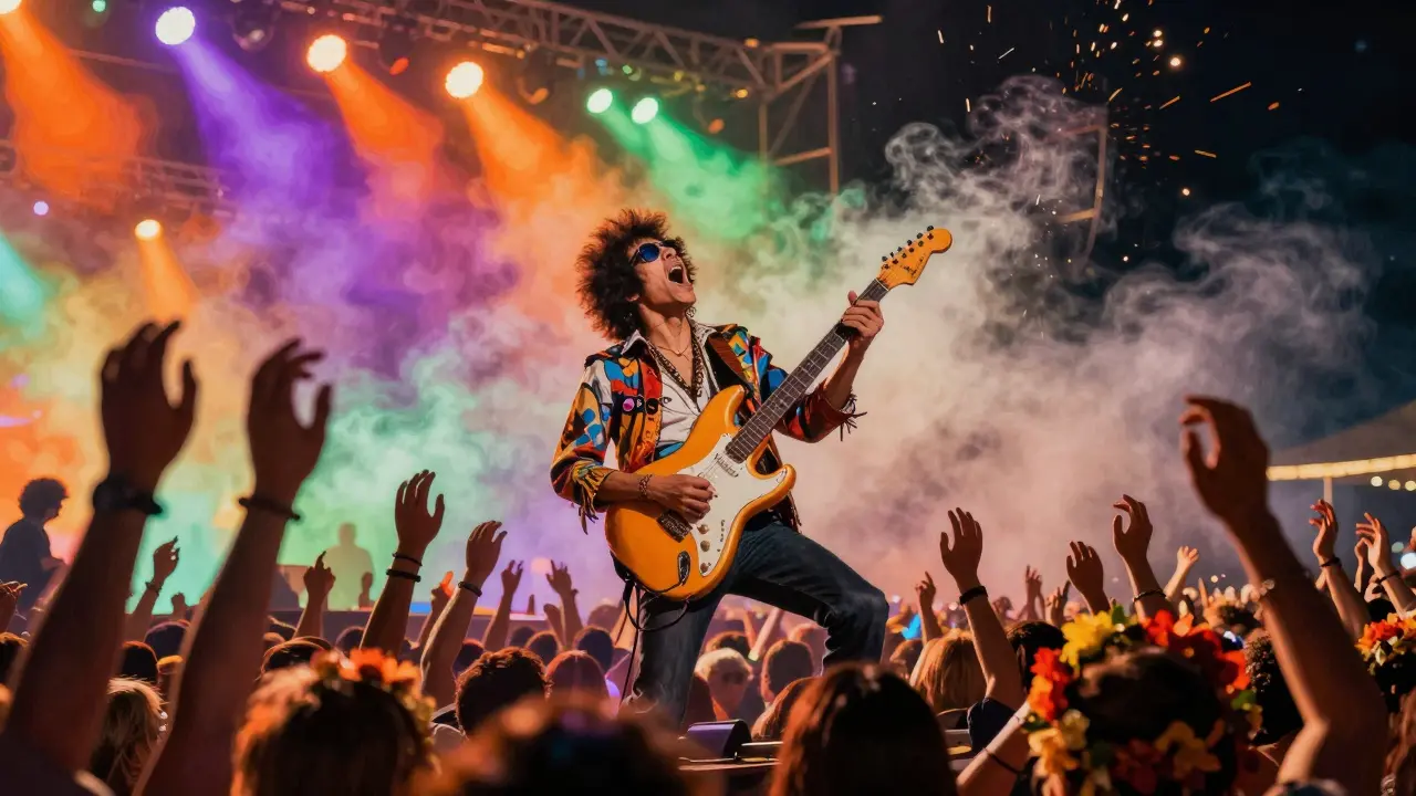 Jimi Hendrix at Woodstock, Stratocaster soaring, feedback swirling amid psychedelic crowd.