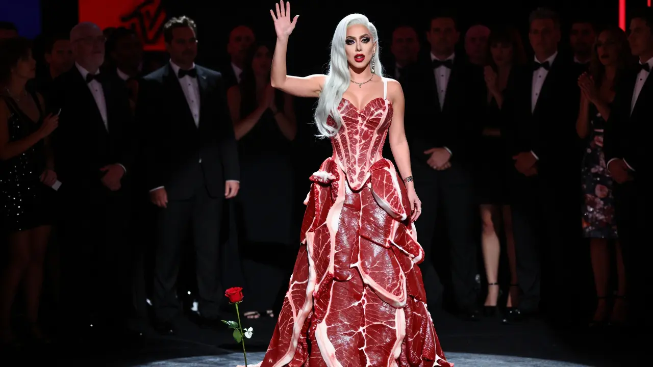 Lady Gaga in a meat dress at the VMAs, standing defiantly under bright stage lights.