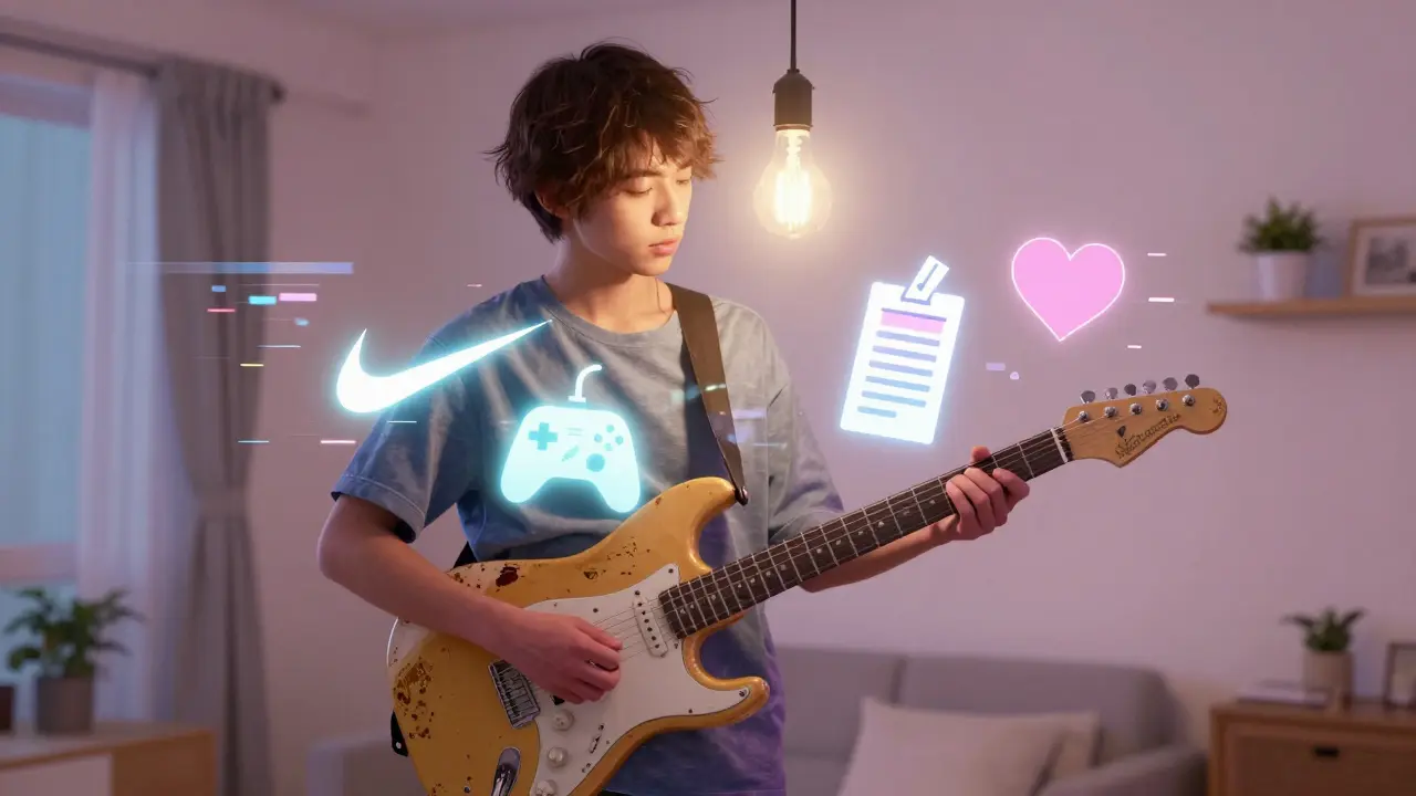 Modern teen playing guitar in Tokyo, strings transforming into cultural icons like Nike and voting ballot.