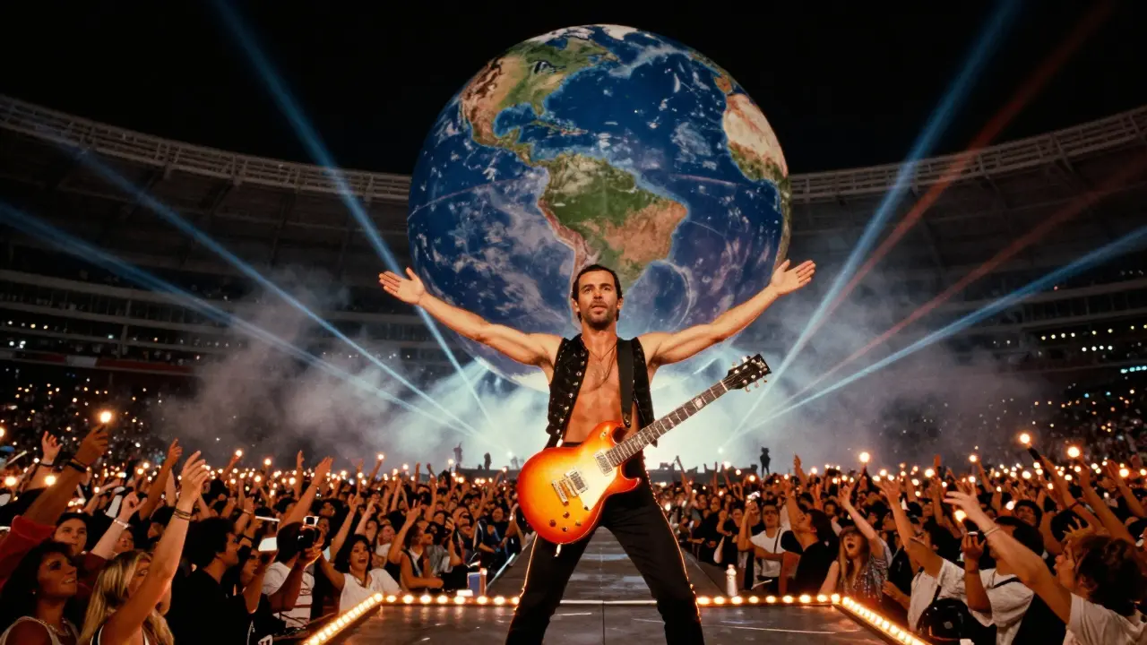 Queen performing at Live Aid 1985 with Freddie Mercury on stage, lasers, and a massive crowd.