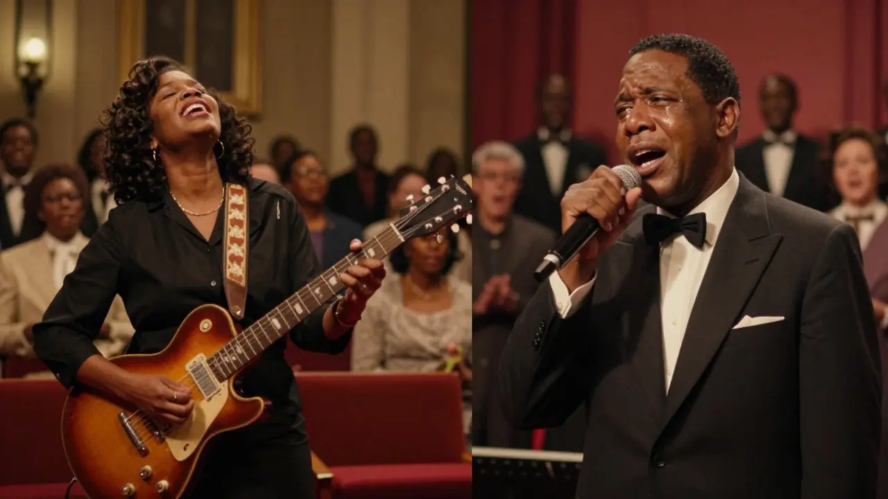 Sister Rosetta Tharpe playing electric guitar in church while Ray Charles sings in a studio, blending sacred and secular music.