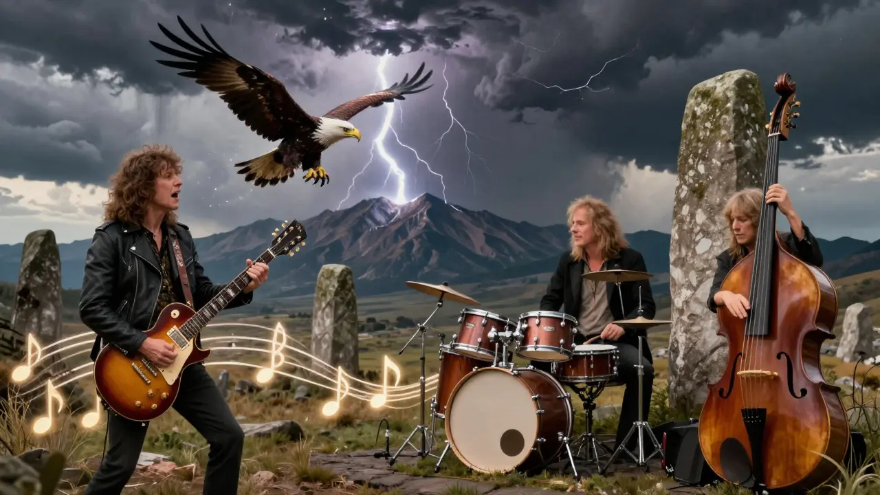Sonic landscape where Led Zeppelin’s music becomes a thunderstorm, eagle, and stone monoliths.