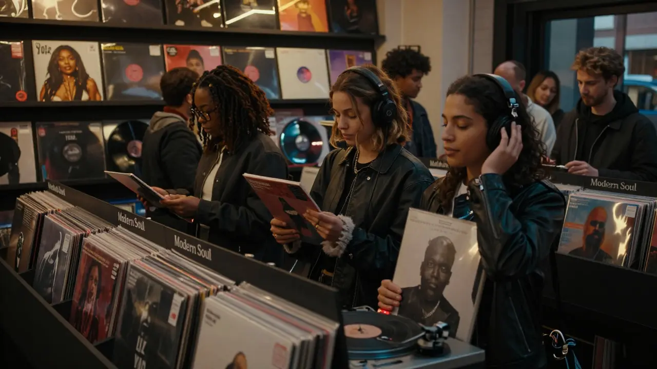 Young listeners in a London record store holding modern soul albums, one listening through headphones with deep focus.