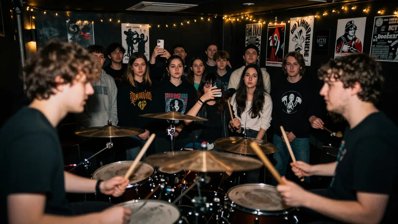 A dark basement concert where a mathcore band performs as fans record the chaotic music.