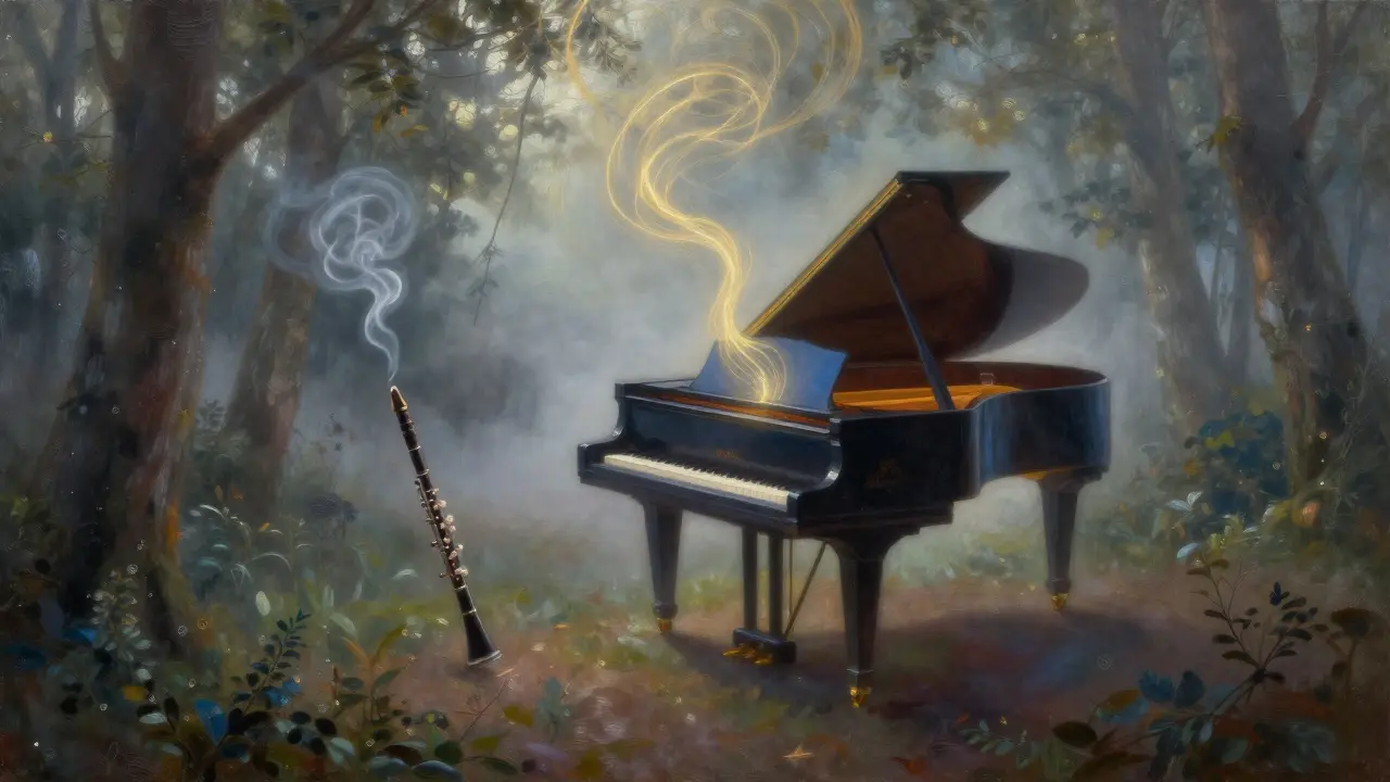 A glowing piano floating in a misty Russian forest, golden musical notes rising like threads into the dawn light.