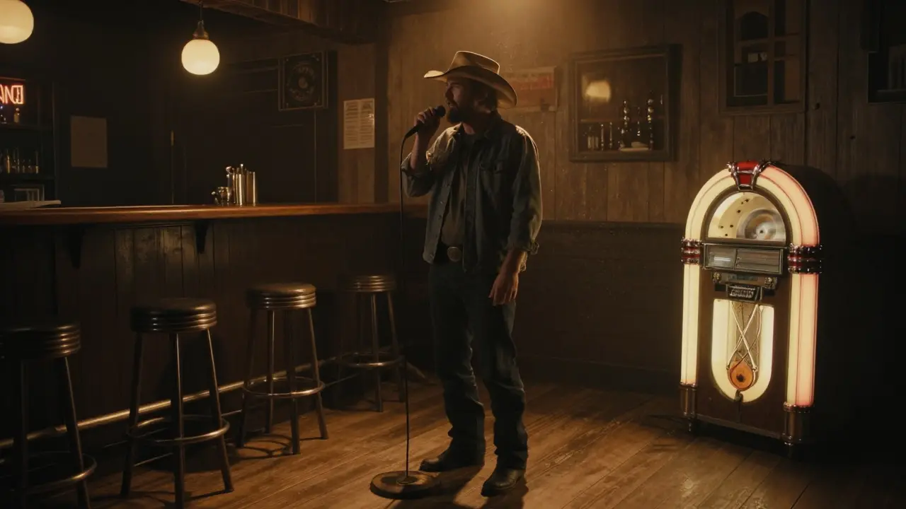 A lone singer in a dim country bar under a flickering neon sign, shadows stretching across empty stools.