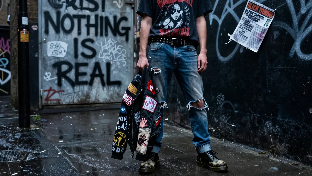 A punk youth in ripped jeans and hand-patched jacket stands in a rainy alley, wearing scuffed boots and a faded band tee.