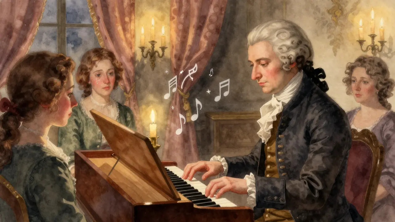 A quiet 18th-century salon scene with a young man playing piano as delicate musical notes drift through candlelit air.