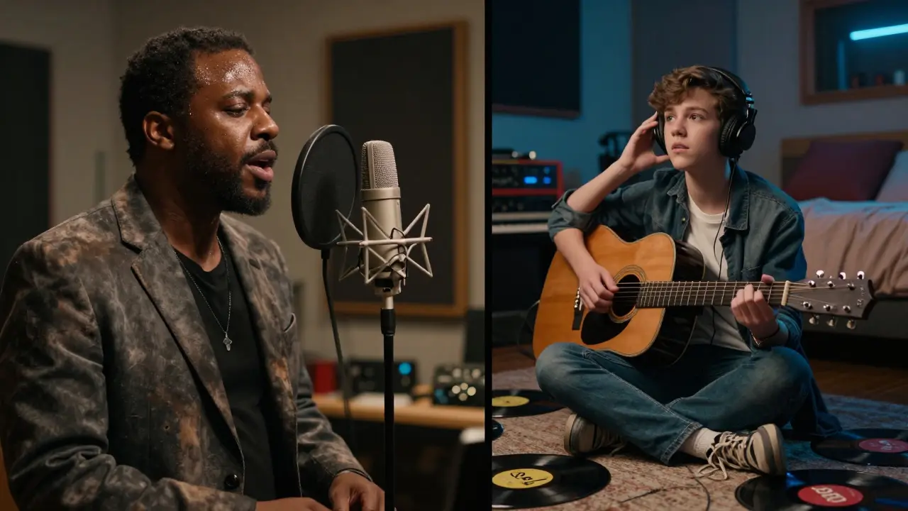 Black musician recording in a studio while a white teen listens inspired, vinyl records nearby.
