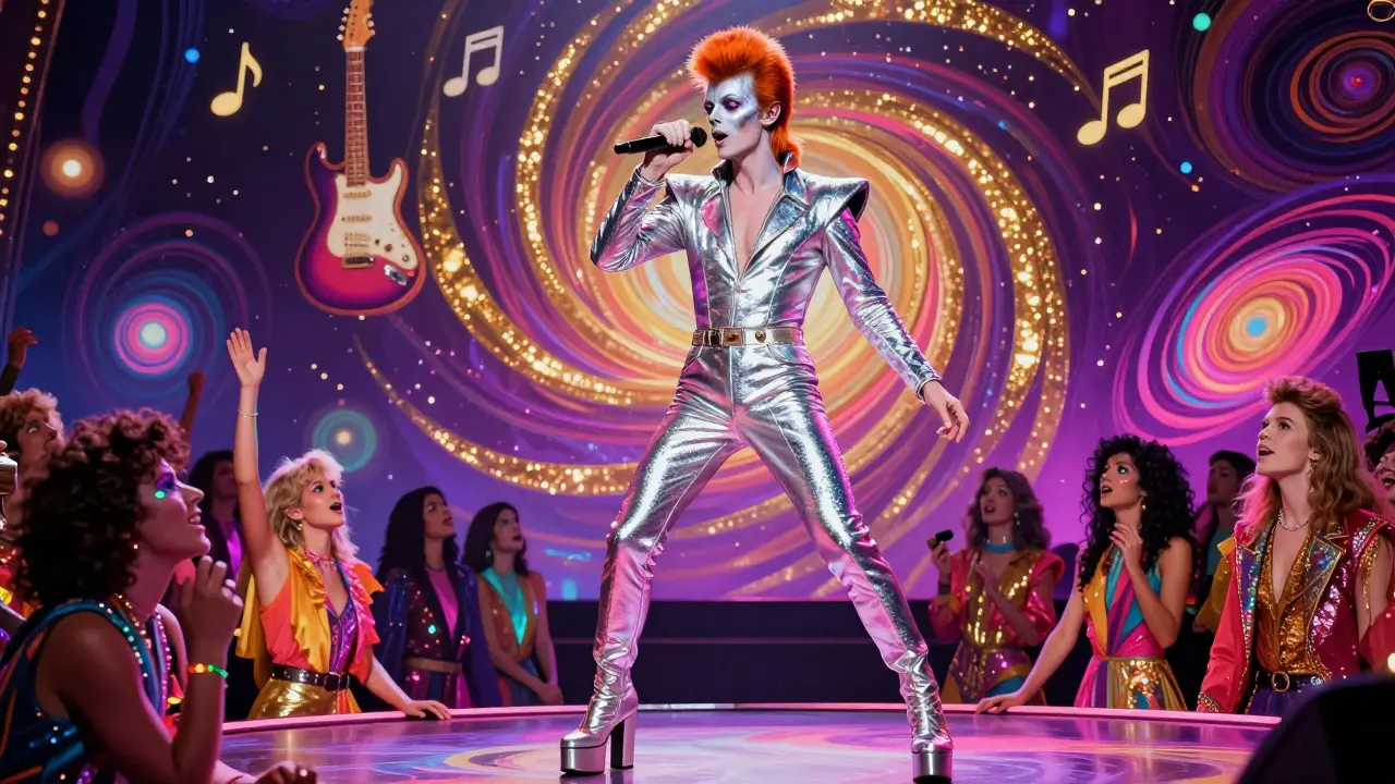 David Bowie as Ziggy Stardust on stage in a glittering metallic jumpsuit, surrounded by cosmic swirls and awestruck fans.