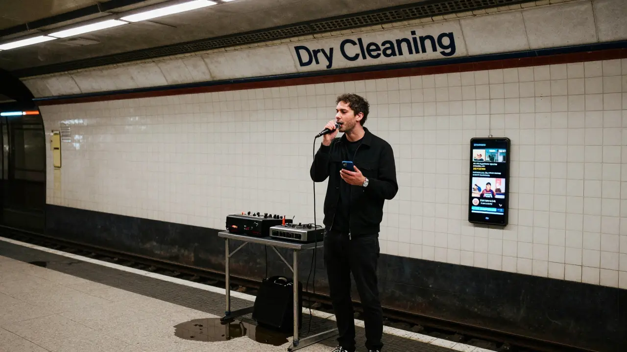 Dry Cleaning's lead singer performs spoken-word vocals in a London subway station, crowd reflected in a puddle.