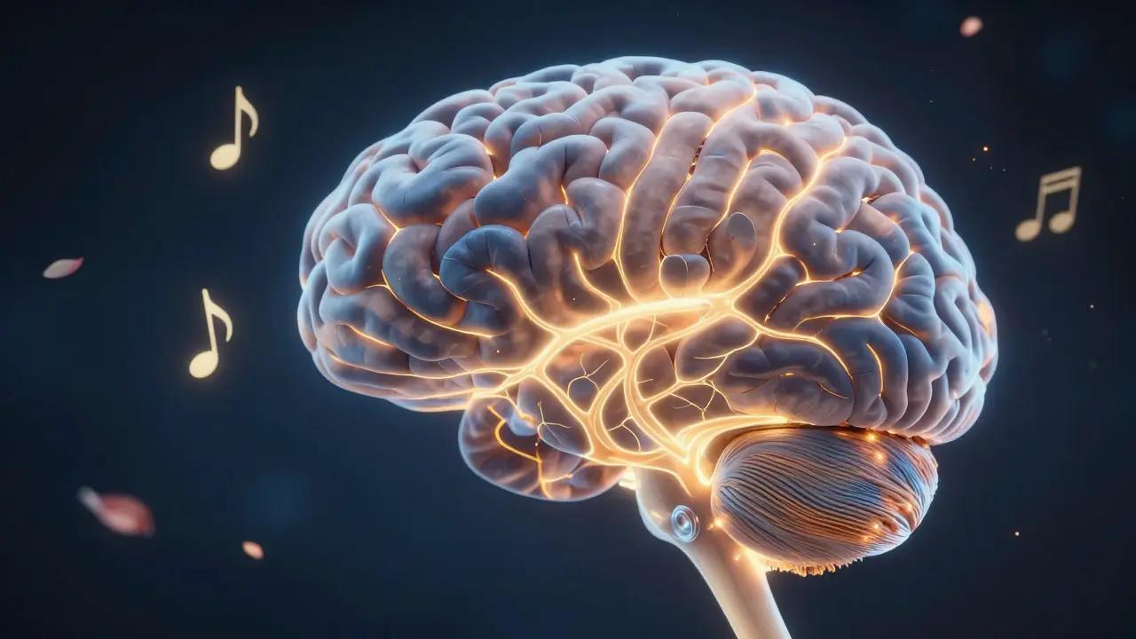 A glowing brain with musical notes calming neural activity, symbolizing classical music's effect on stress.