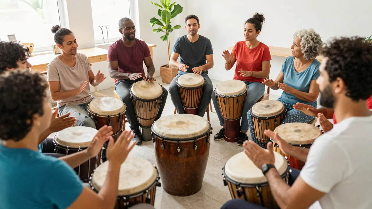 A group of people playing percussion instruments together in a circle, smiling and connected.