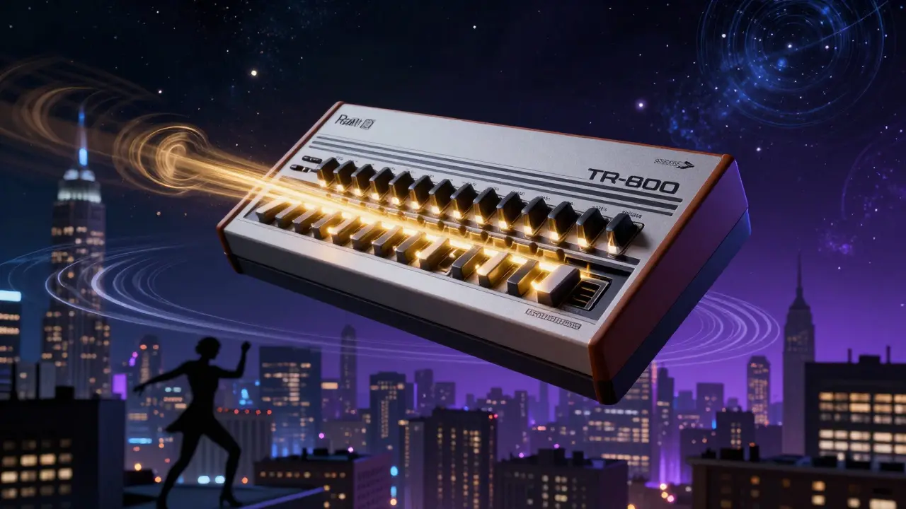 A retro drum machine floating in space, pulsing with golden light, sending rhythmic ripples across an urban landscape.