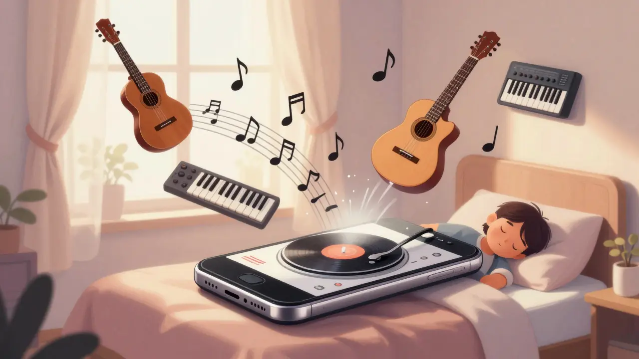 A smartphone emits musical elements into a bedroom, transforming into floating instruments under soft morning light.