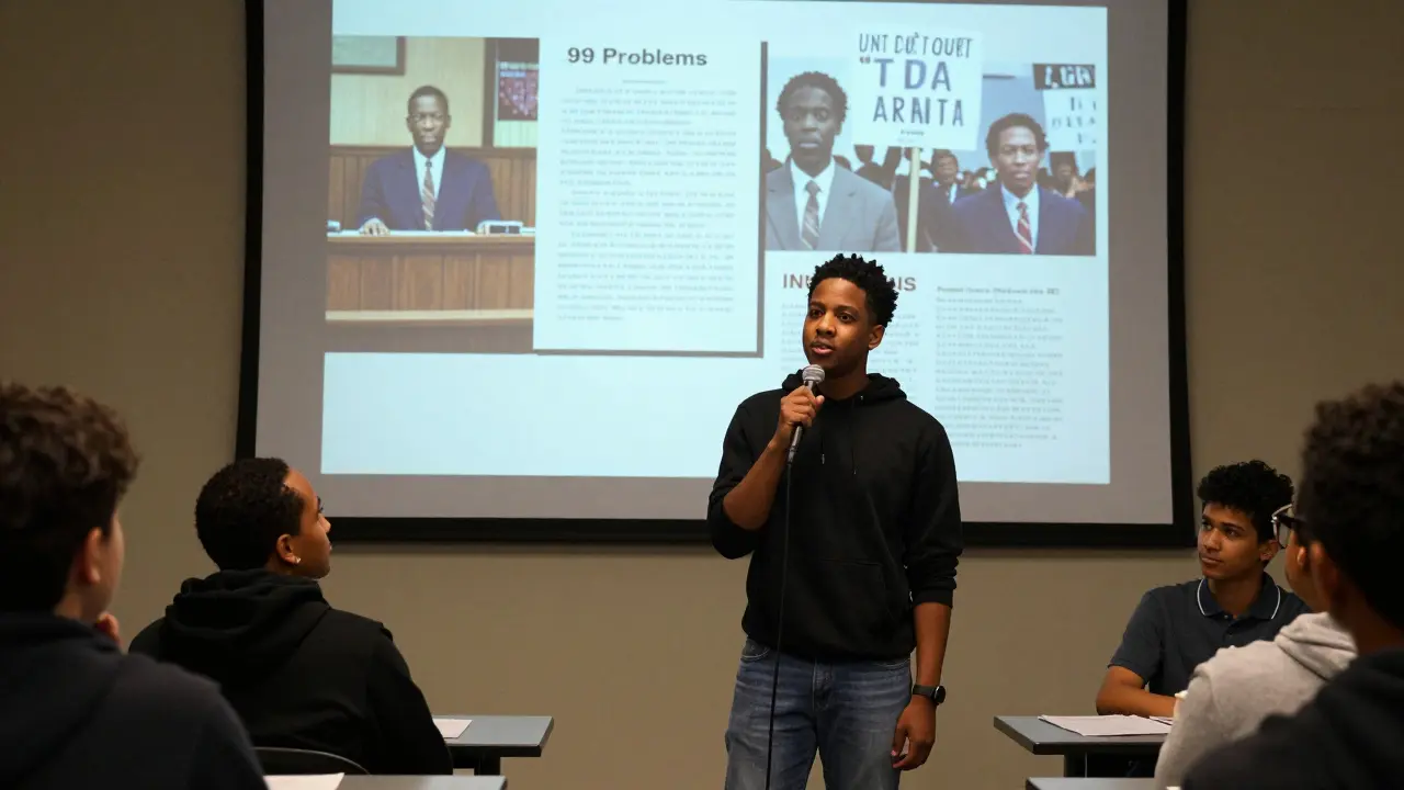 A student delivering a historical rap analysis, with court documents and protest imagery displayed behind them.