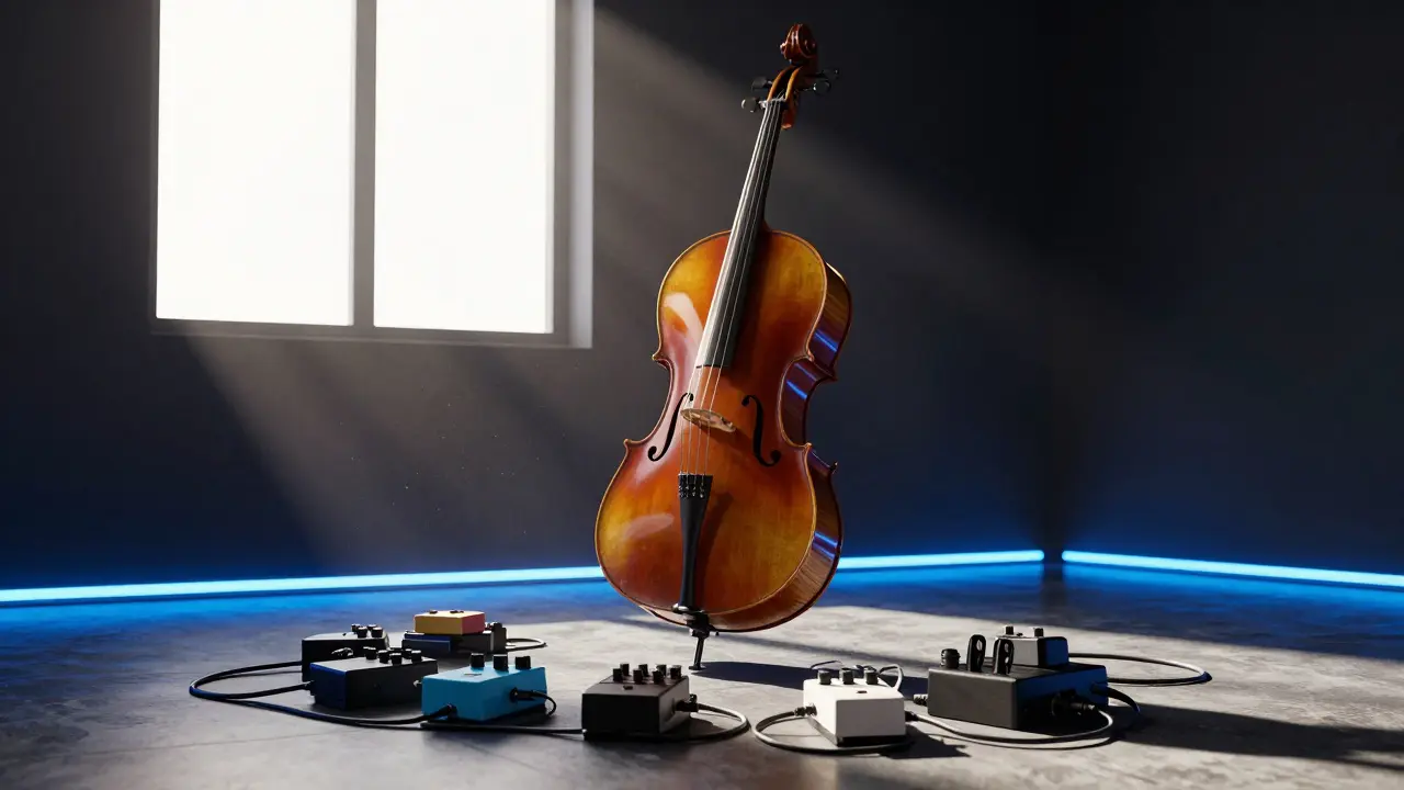 Acoustic cello surrounded by electronic effect pedals