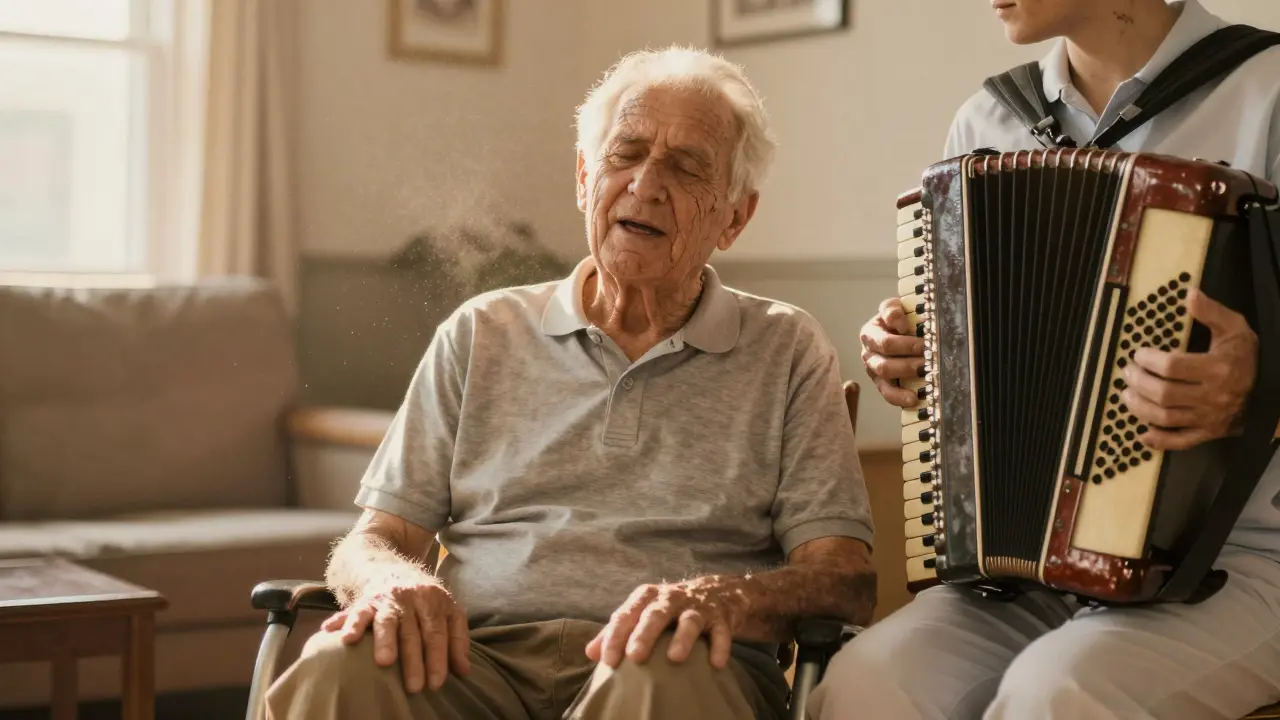 An elderly man singing softly while a therapist plays accordion beside him.