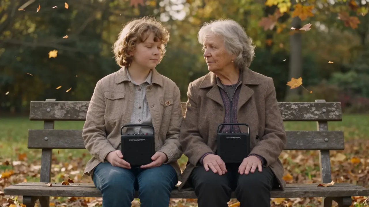 An elderly woman and child listening to Satie's music together in a peaceful garden at sunset.