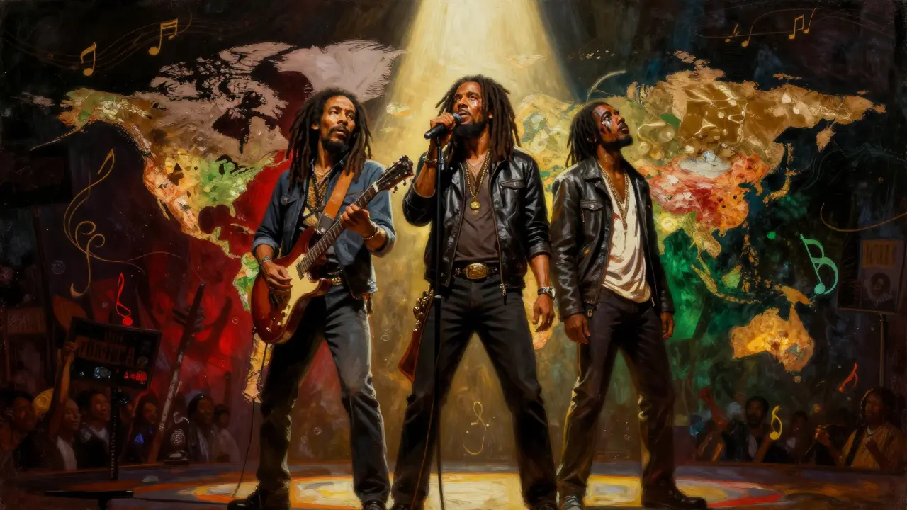 Bob Marley, Peter Tosh, and Jimmy Cliff united on stage, glowing with global influence and resistance.
