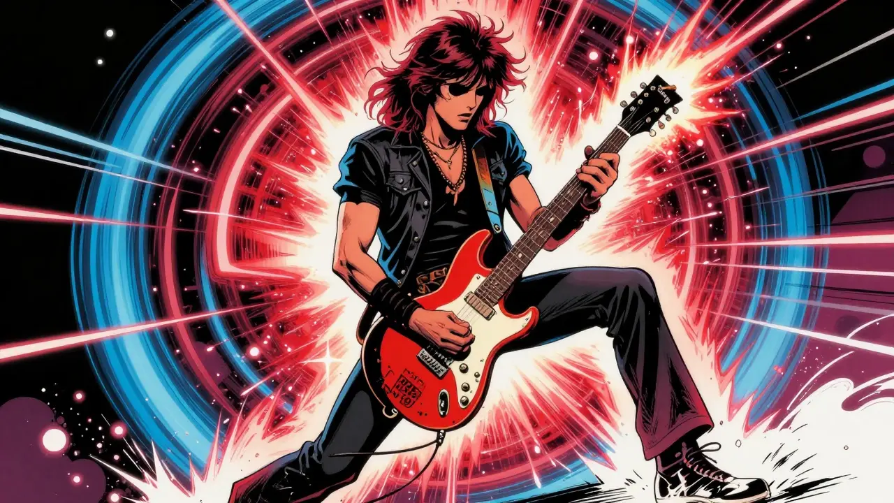 Eddie Van Halen performing 'Eruption' with explosive energy, shockwaves and sparks radiating from his custom guitar in comic book style.