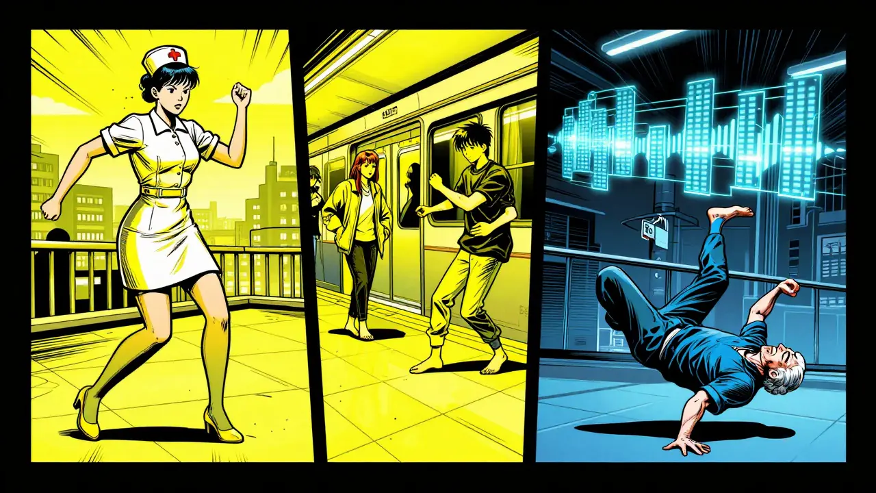 Global collage of dubstep dancers in comic book style: nurse, teens, and elderly man moving to bass rhythms with motion lines and vibrant colors.