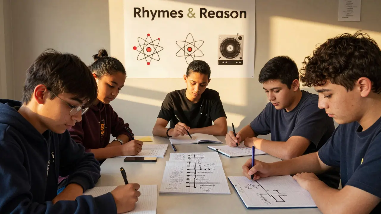 Middle school students writing lyrics that combine physics concepts with hip hop beats.
