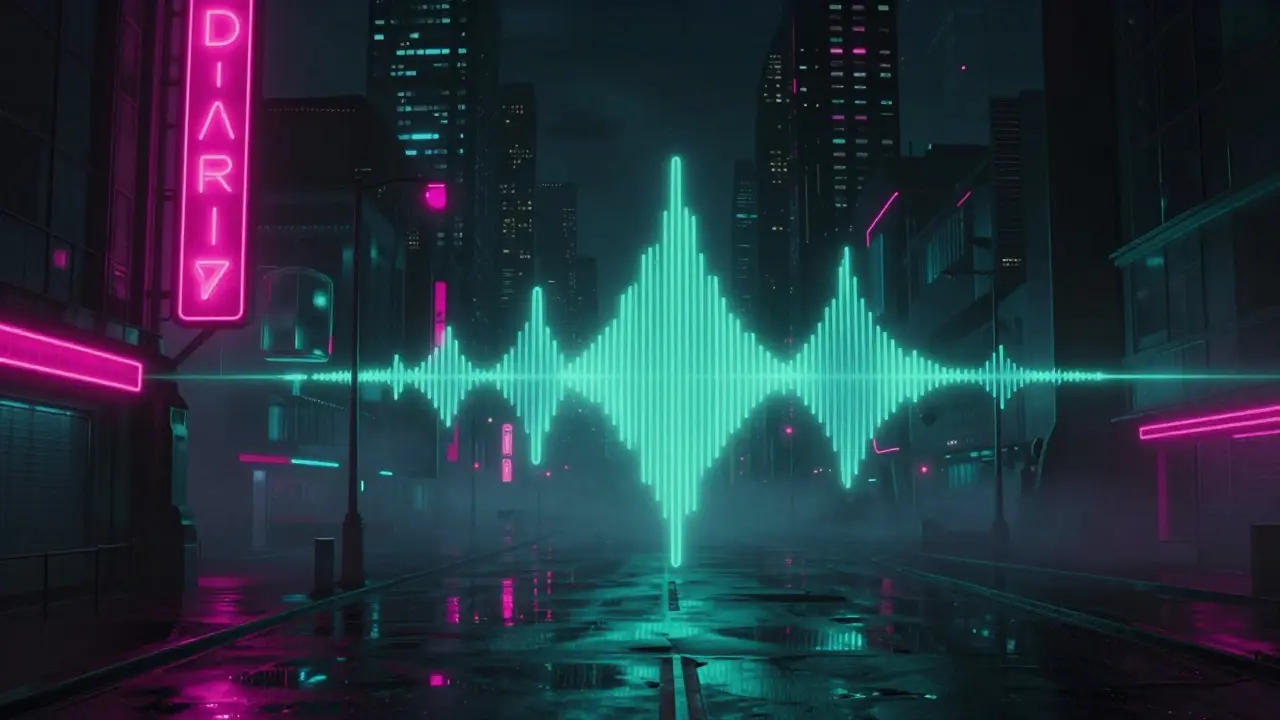 Neon lit cityscape evoking retro futuristic musical atmosphere