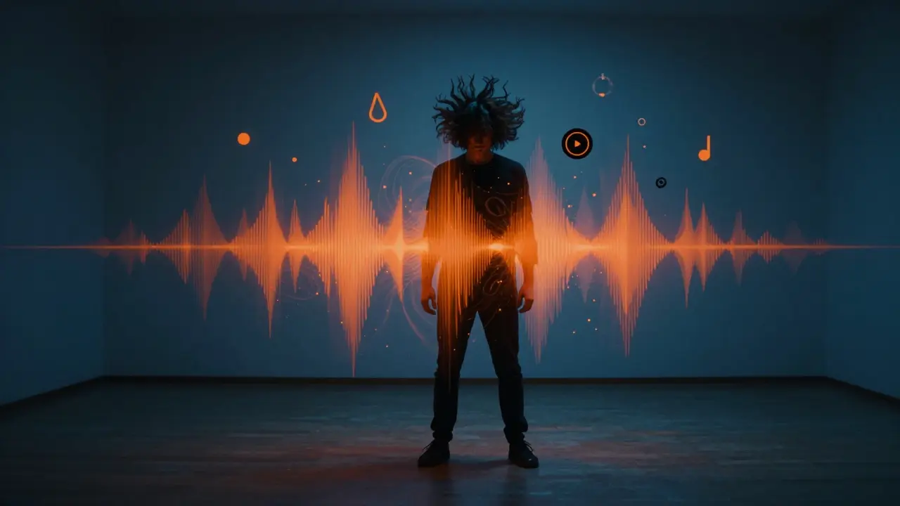 Person's body transforming into sound waves during a bass drop, floating dance icons around them, surreal lighting and abstract motion.