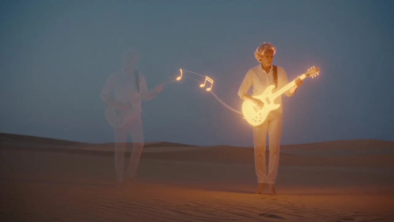 Two glowing guitar figures in a desert twilight, representing the contrasting solos of 'Comfortably Numb', with glowing notes hanging in the air.