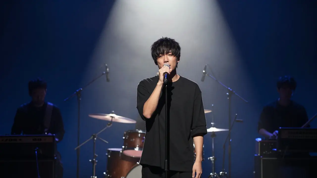 A lead singer at a microphone on a dark stage with blurred band members behind.