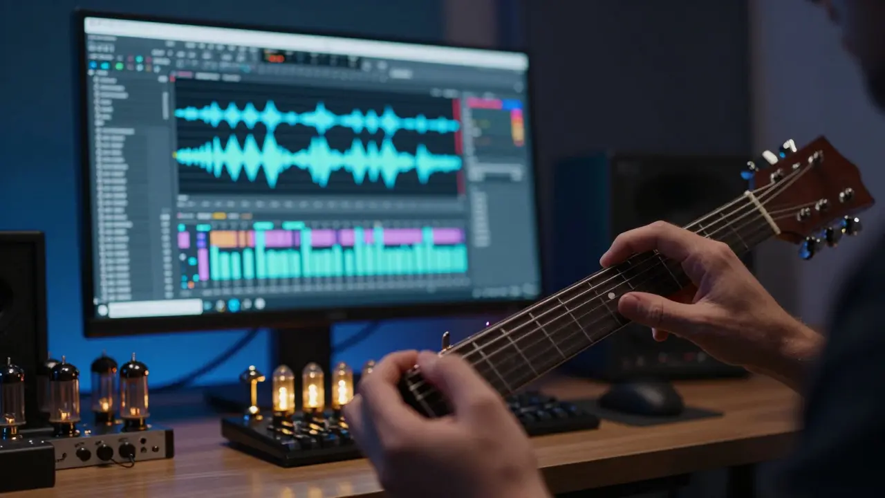 A musician's hand on a guitar in a studio with AI audio waveforms on a screen.