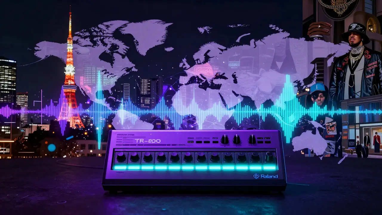 A neon-lit TR-808 drum machine emitting digital waves over global cityscapes.