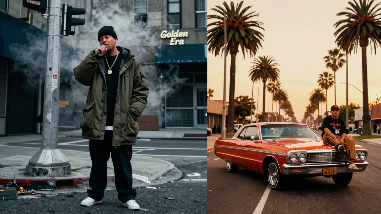 A split scene contrasting a gritty New York street with a sunny Los Angeles boulevard.