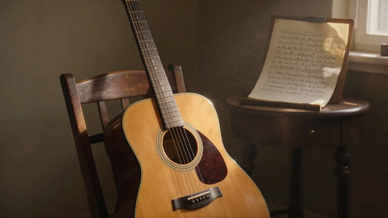 An acoustic guitar leaning against a chair in a sunlit, moody songwriting room