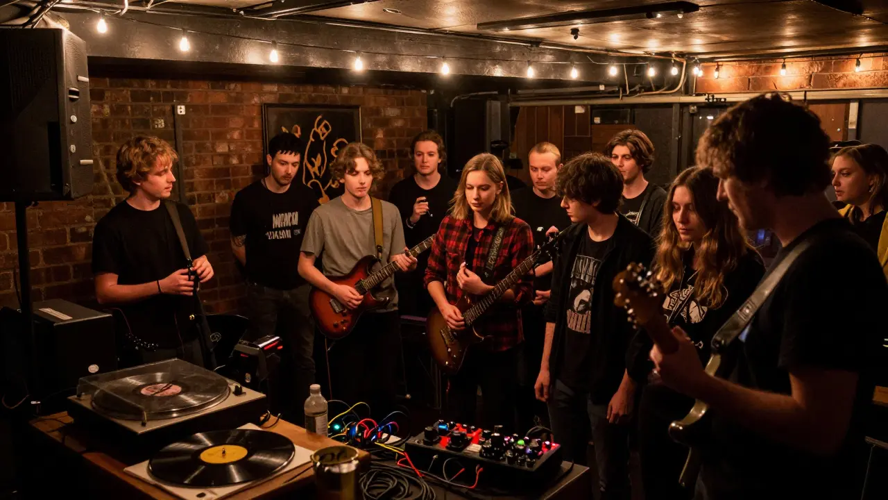 An intimate indie rock concert in a moody, brick-walled basement with vinyl records.