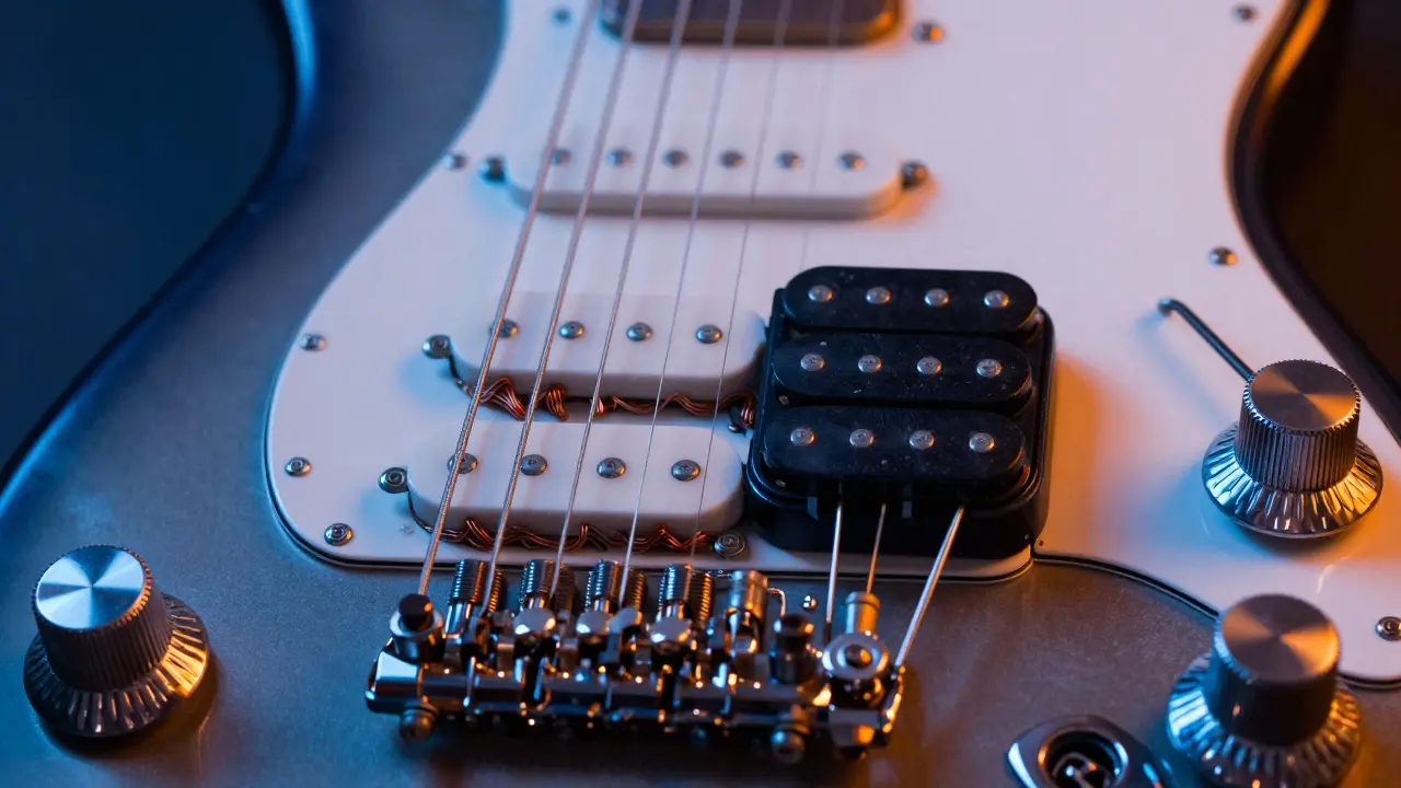 Close-up comparison of a single-coil pickup and a humbucker pickup.