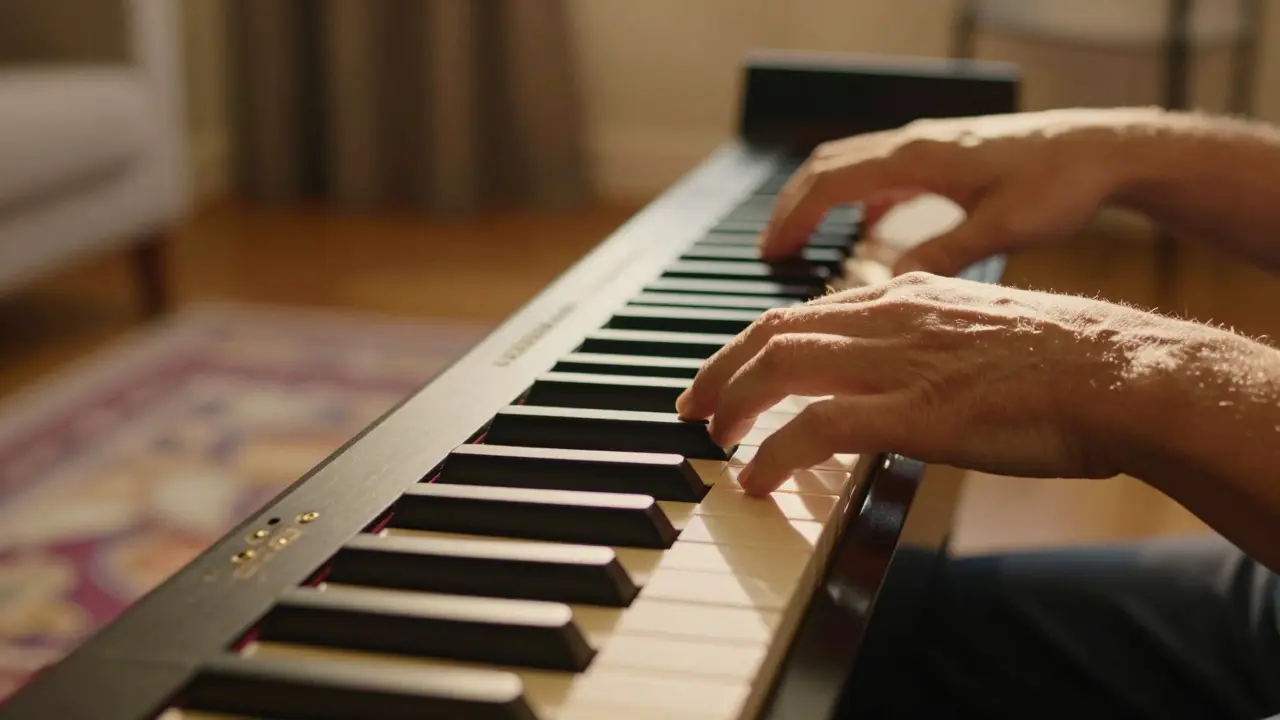 Close-up of hands playing a piano in a cozy, sunlit room