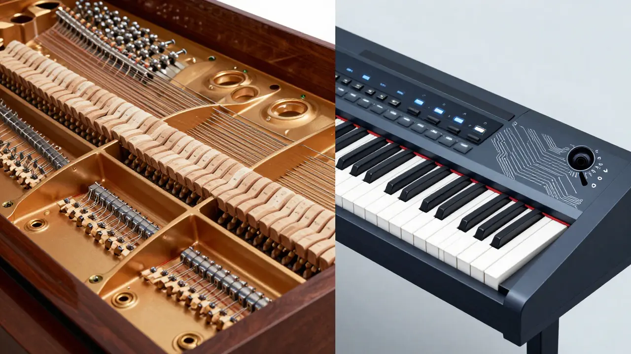 Comparison of acoustic piano hammers and strings versus digital piano circuitry