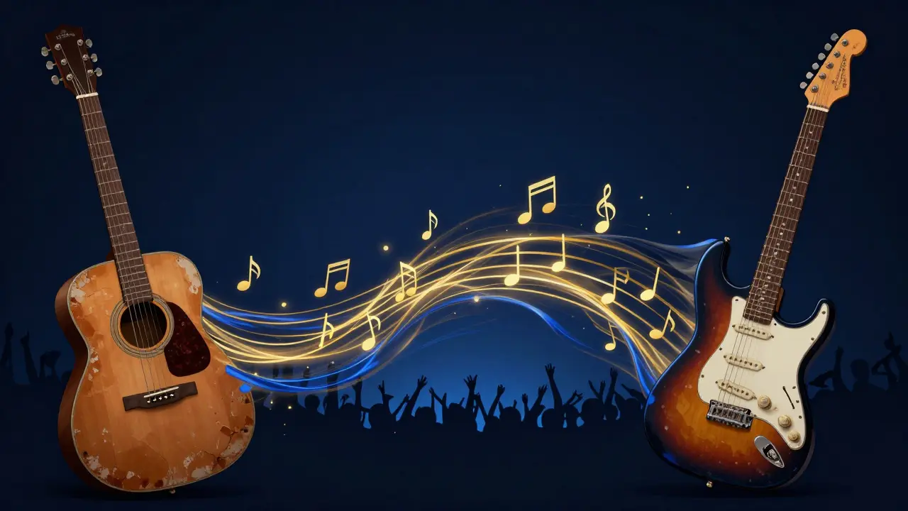 Conceptual art showing the transition from an acoustic blues guitar to an electric rock guitar