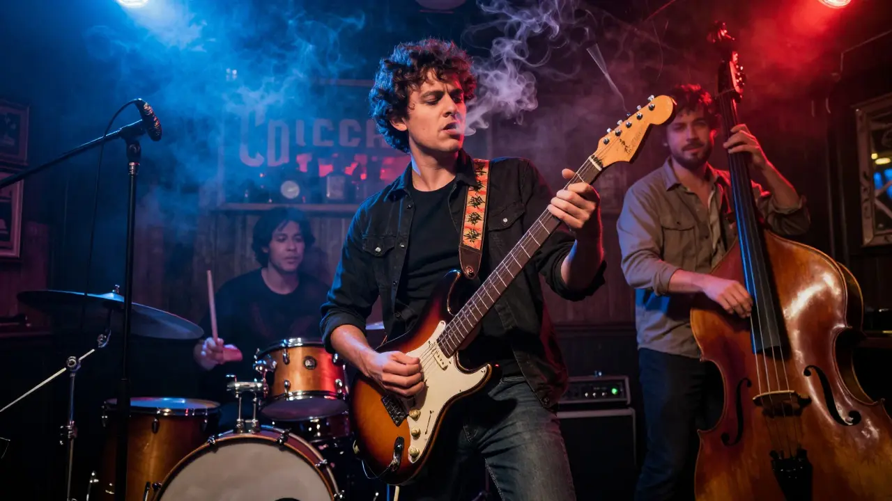 Electric blues band performing in a smoky, neon-lit 1950s Chicago club