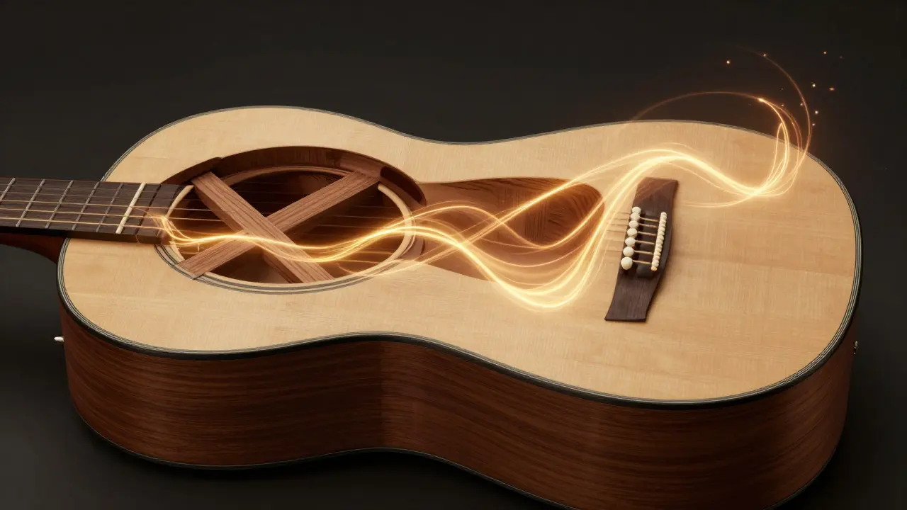 Internal view of a guitar showing X-bracing with glowing sound waves moving through the body