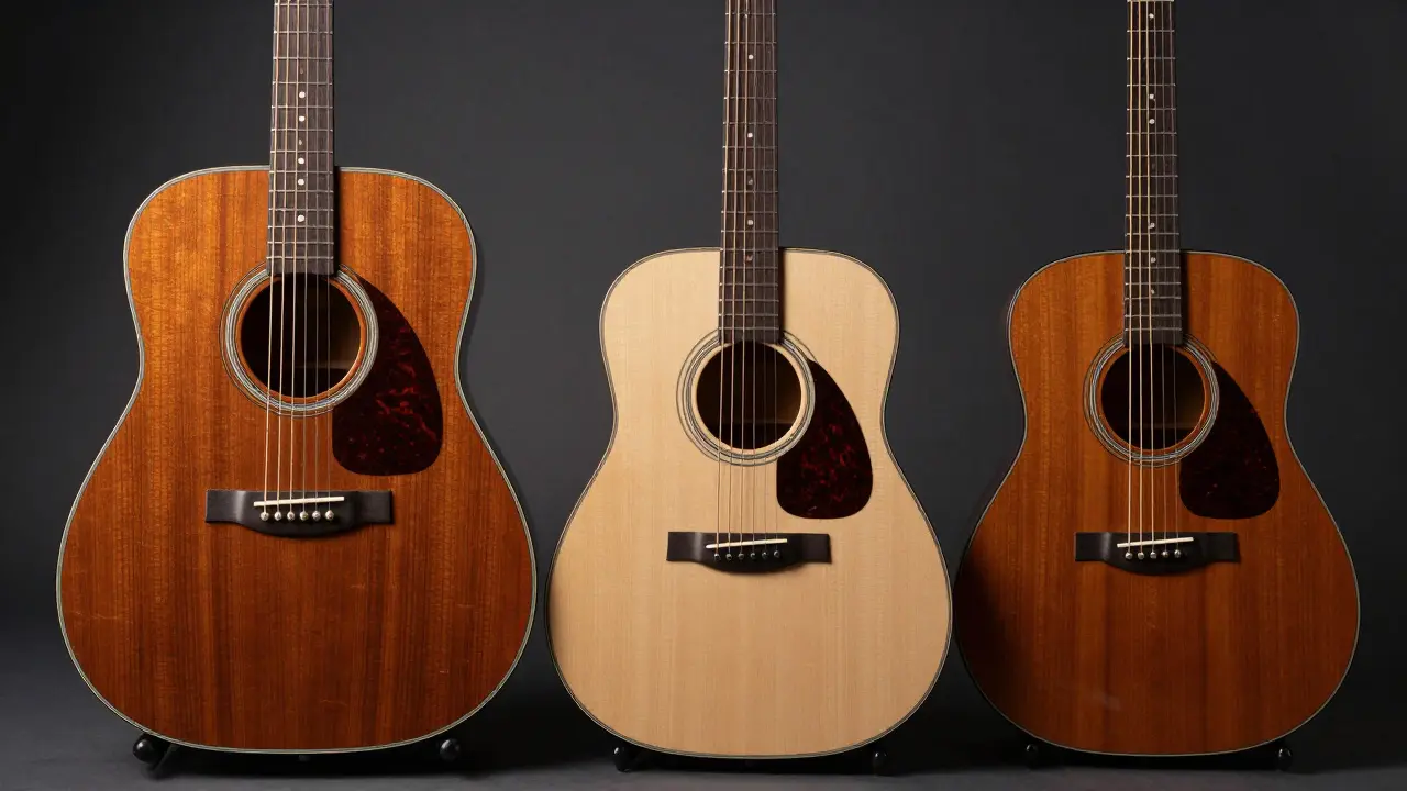 Three different sizes of acoustic guitars, from a large Dreadnought to a small Parlor guitar