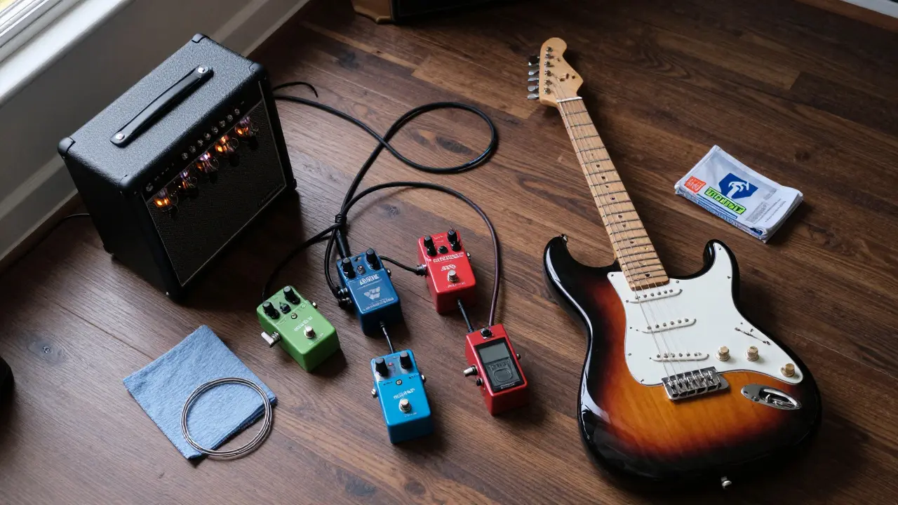 Top-down view of an electric guitar rig with an amp, pedals, and accessories.