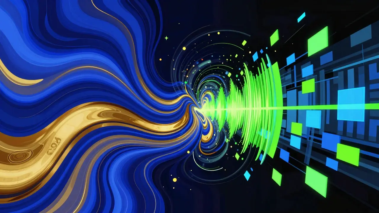Abstract art merging fluid R&amp;B waves with digital hip-hop blocks