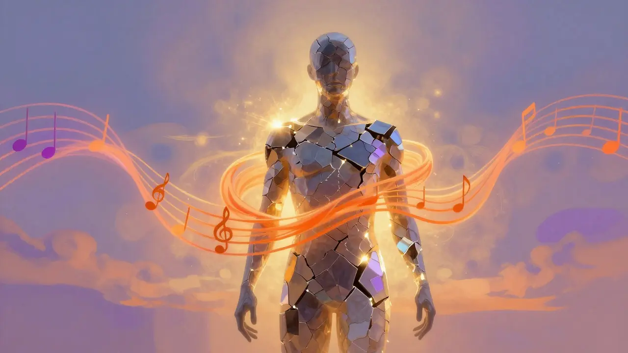 Abstract art of a cracking figure being healed by glowing musical waves