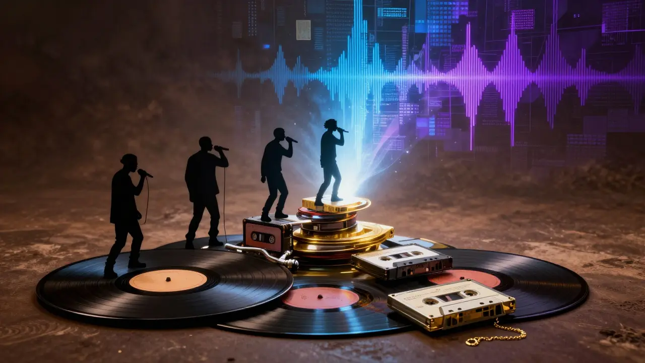 Abstract art showing hip hop evolution through layered media and glowing soundwaves