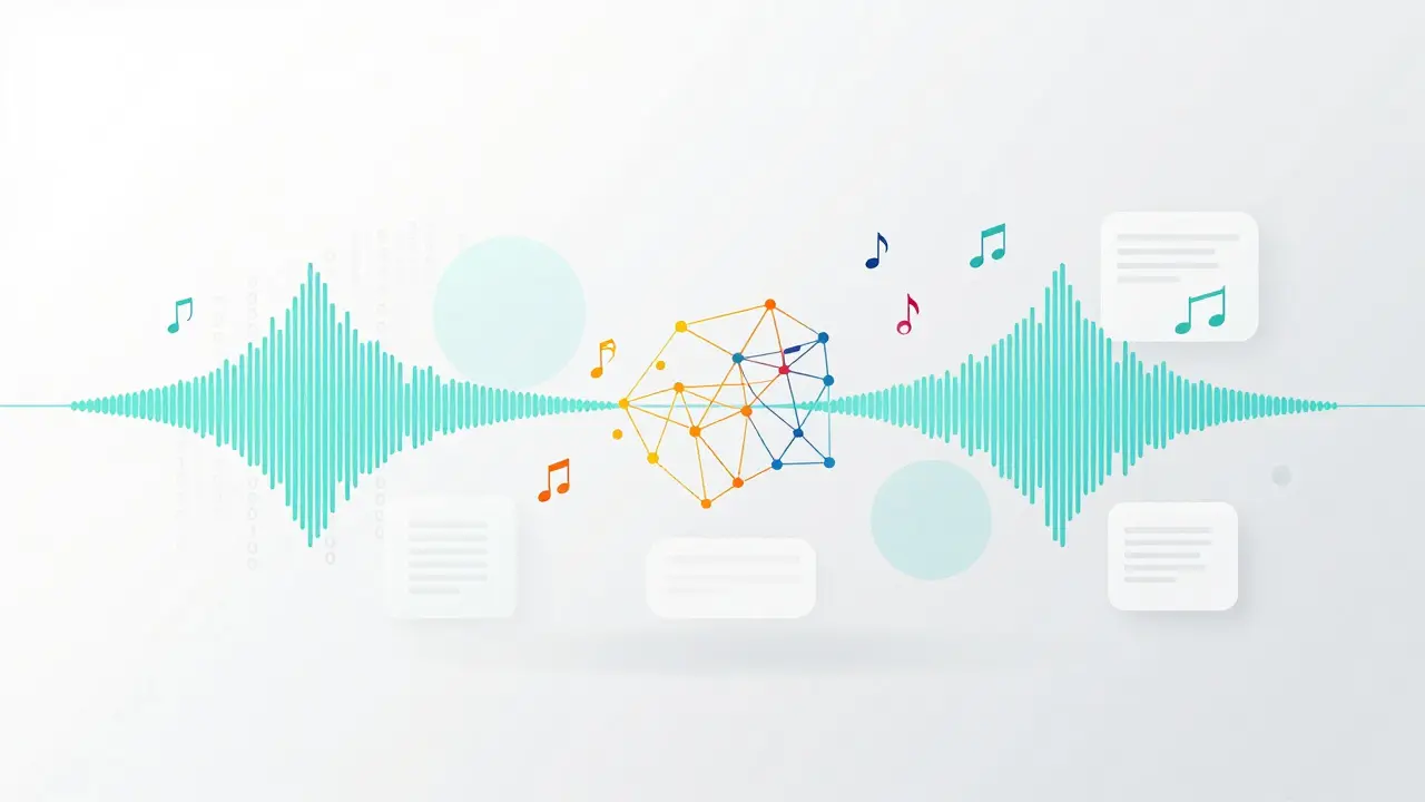 Abstract visualization of AI generating music from code and data streams.
